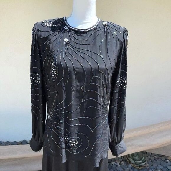 Argenti Notte Beaded Silk Skirt Set Womens Size Medium M Vintage Zipper Black - Picture 8 of 12